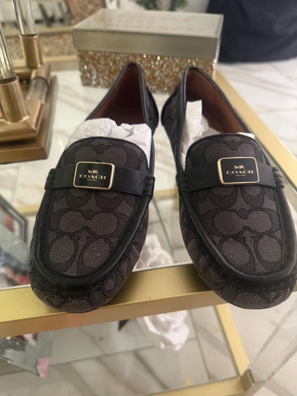 Coach Black Signature Canvas Loafers with Gold Plaque